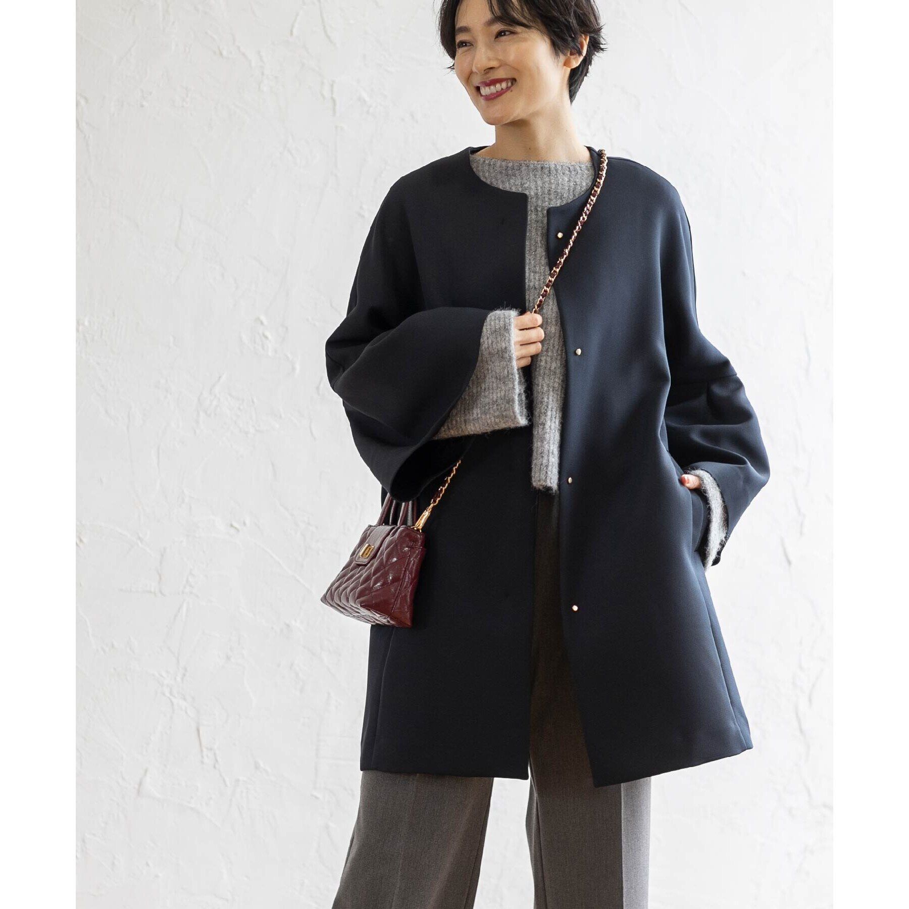 OPAQUE.CLIP「フレアスリーブミドルコート【洗える】」|ノーカラーコート|