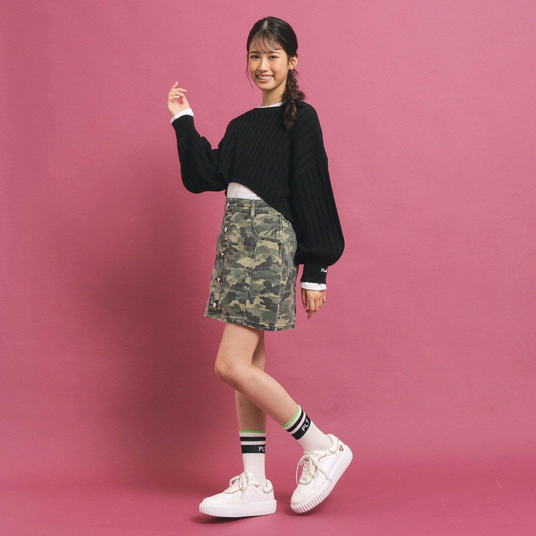 PINK-latte「フロントボタン台形デニムスカート」|スカート|