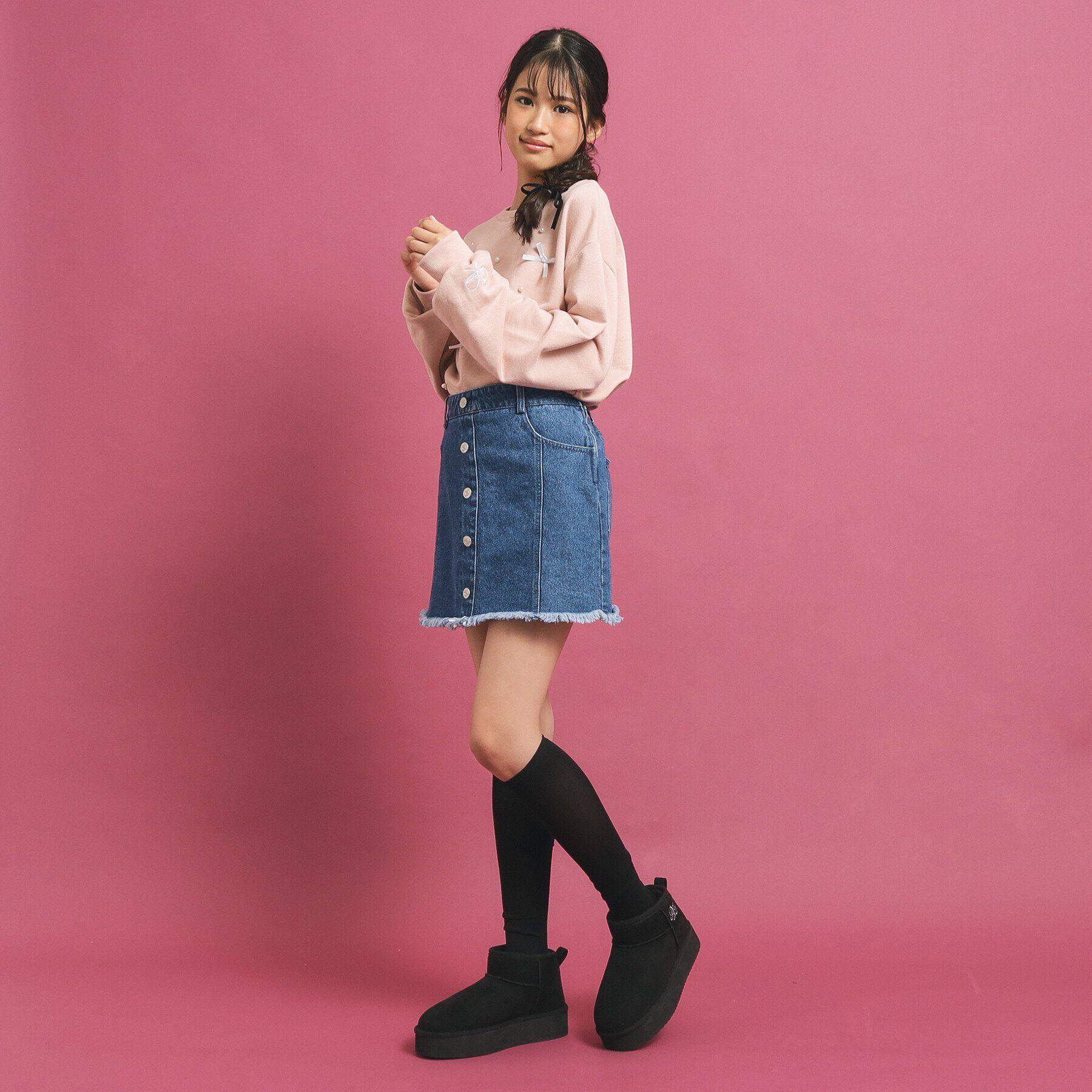 PINK-latte「フロントボタン台形デニムスカート」|スカート|