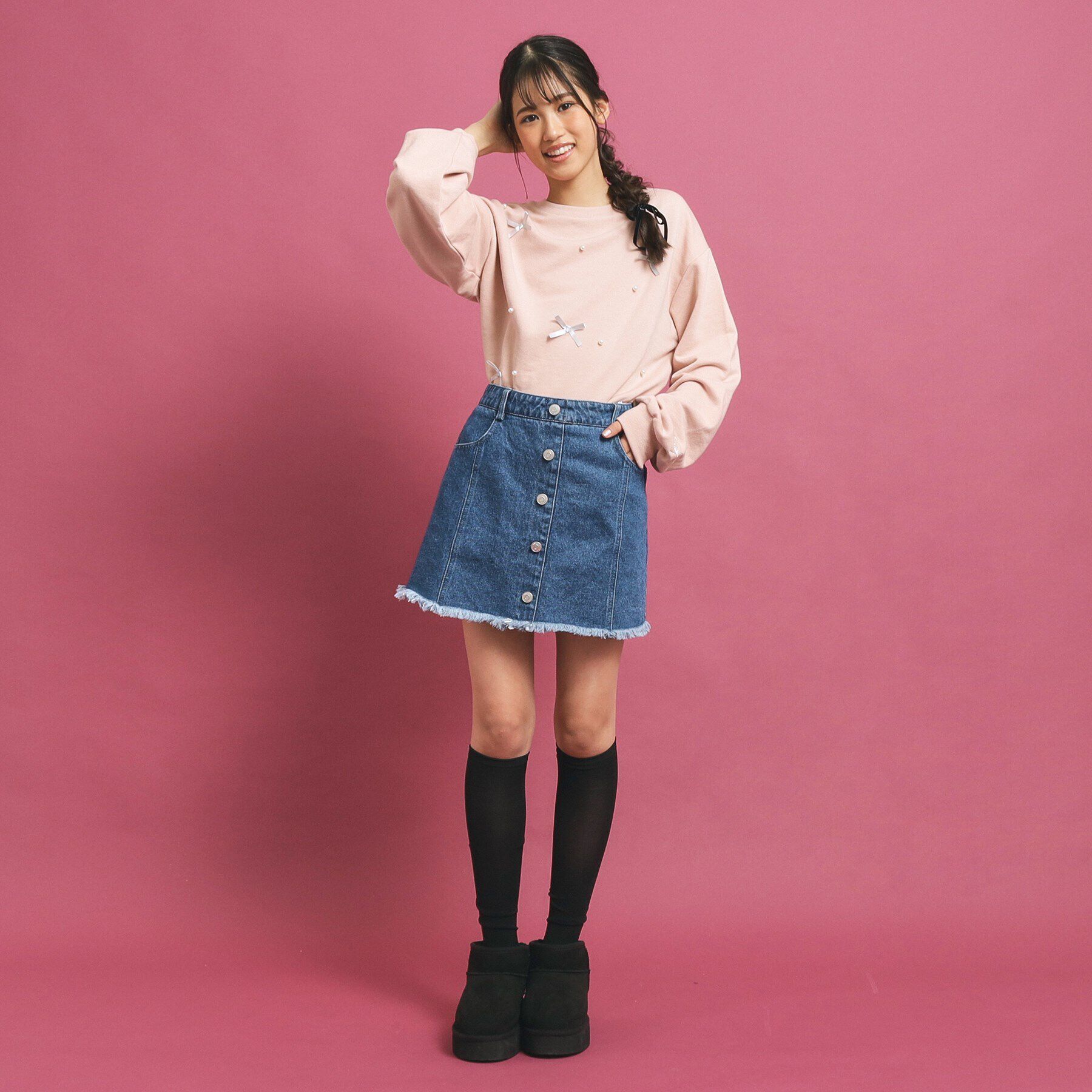 PINK-latte「フロントボタン台形デニムスカート」|スカート|