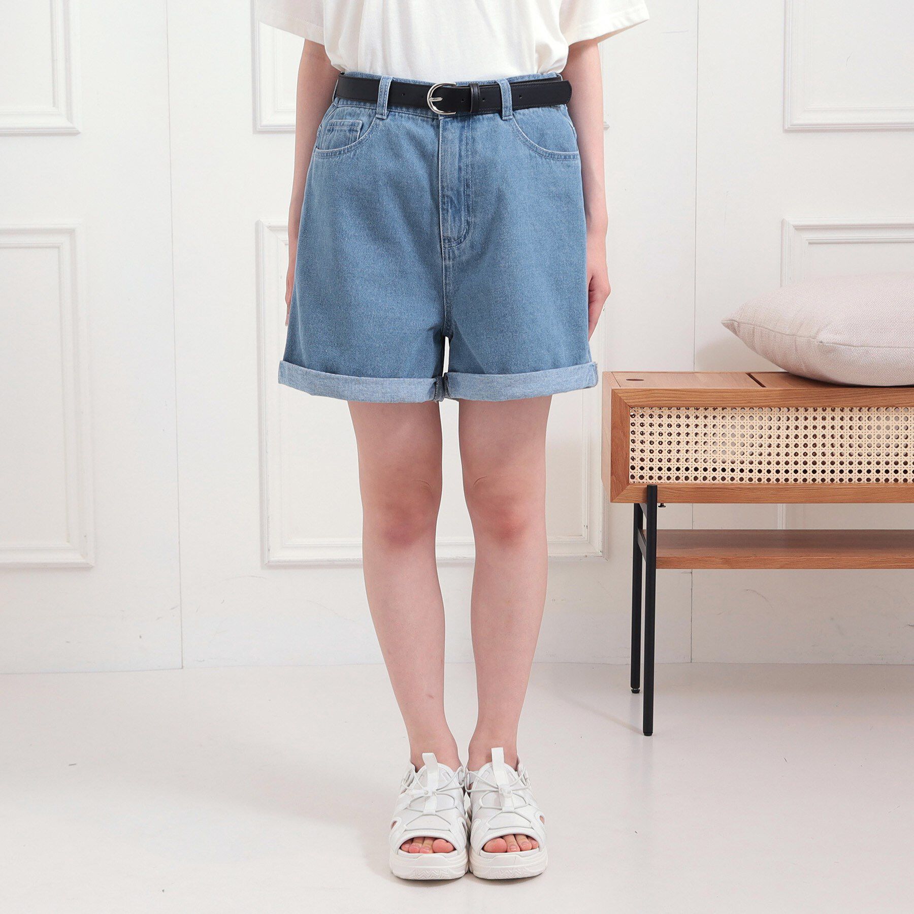 PINK-latte「ベルト付きデニムショートパンツ」|キュロット|