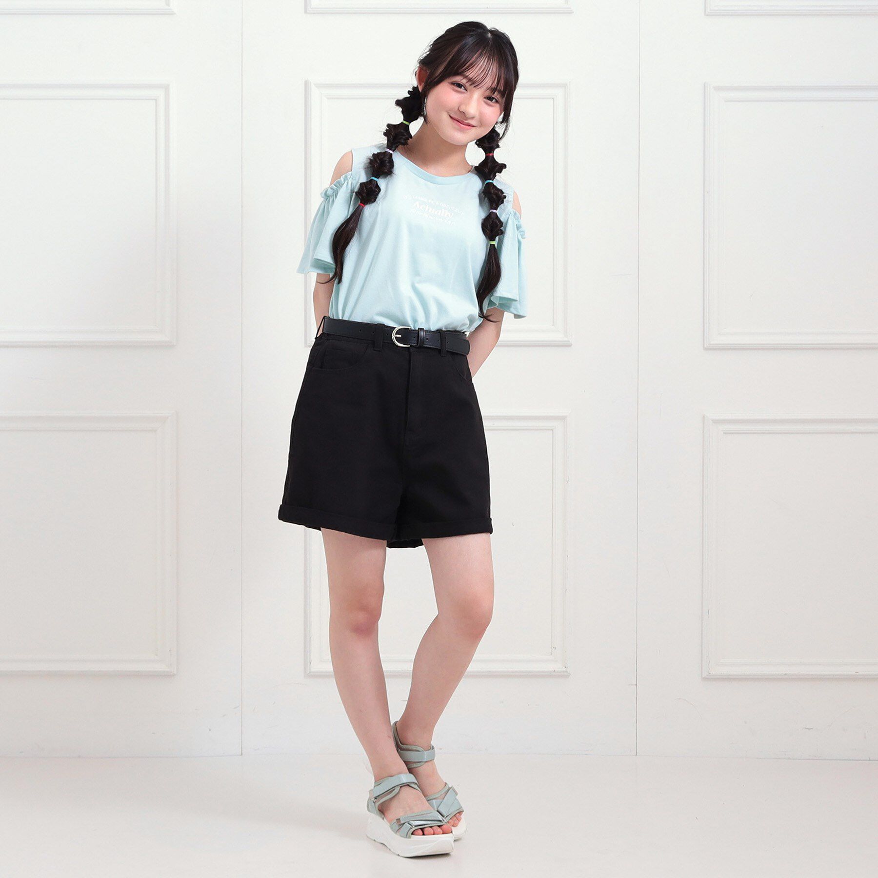 PINK-latte「ベルト付きデニムショートパンツ」|キュロット|