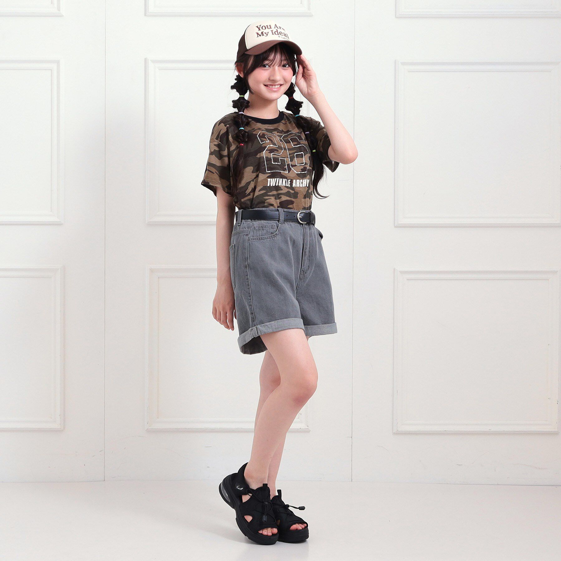 PINK-latte「ベルト付きデニムショートパンツ」|キュロット|