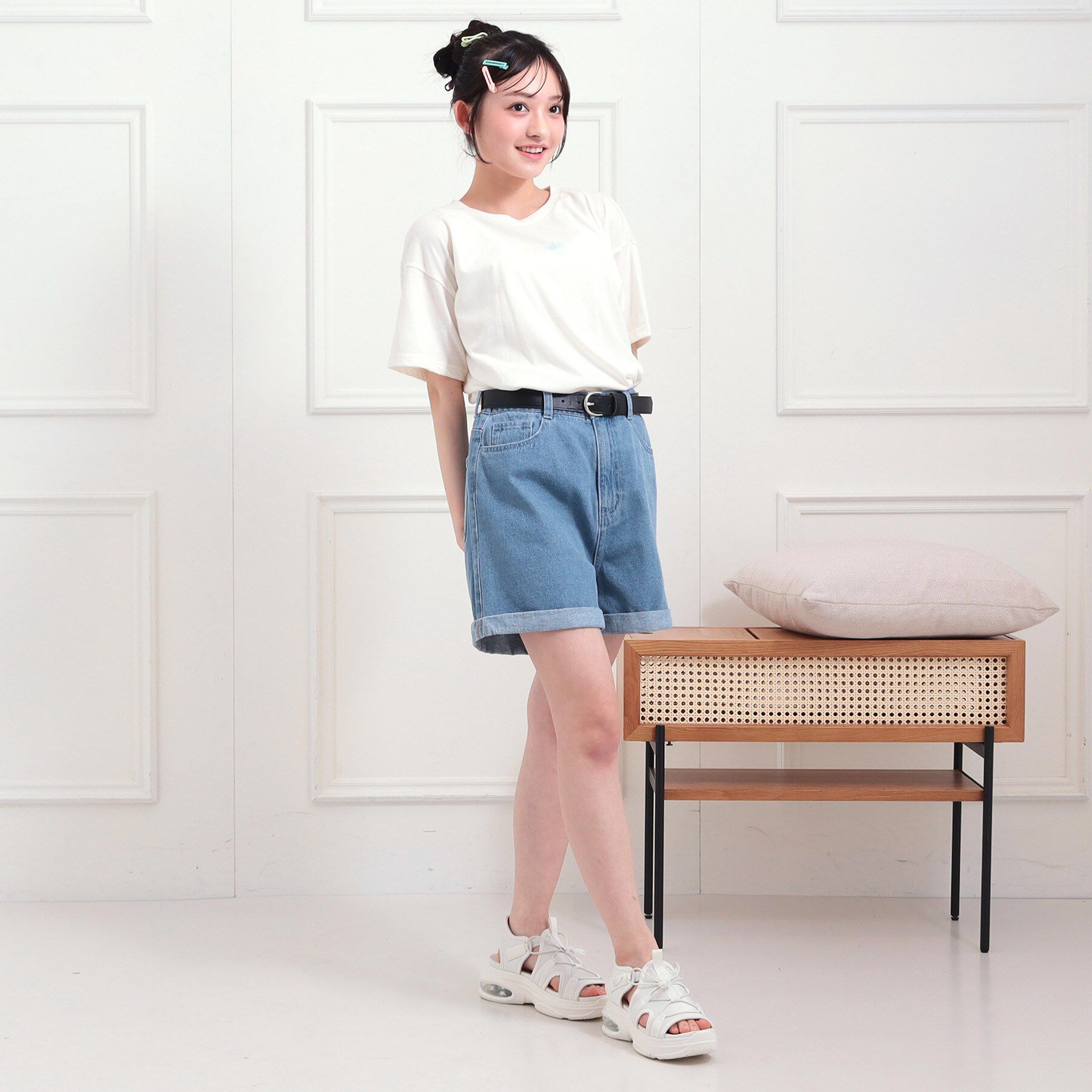 PINK-latte「ベルト付きデニムショートパンツ」|キュロット|