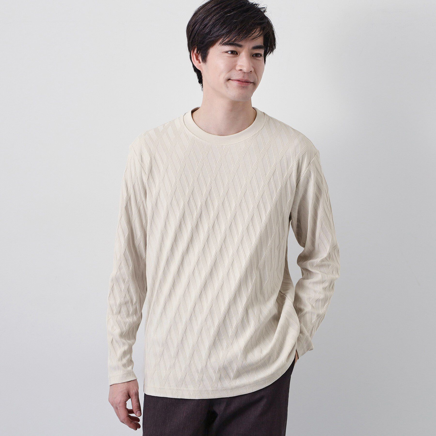 THE SHOP TK「【立体感のある表情が上品】リンクスアーガイル長袖Tシャツ」|Tシャツ・カットソー|ライトベージュ(05