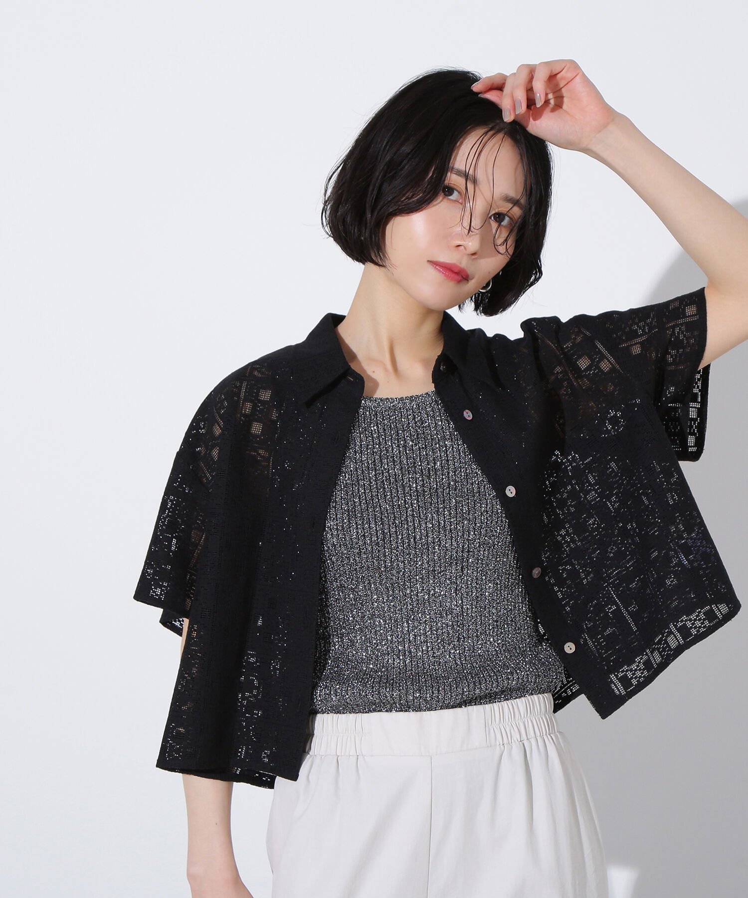  「クロップドレースシャツ」|シャツ・ブラウス|ブラック