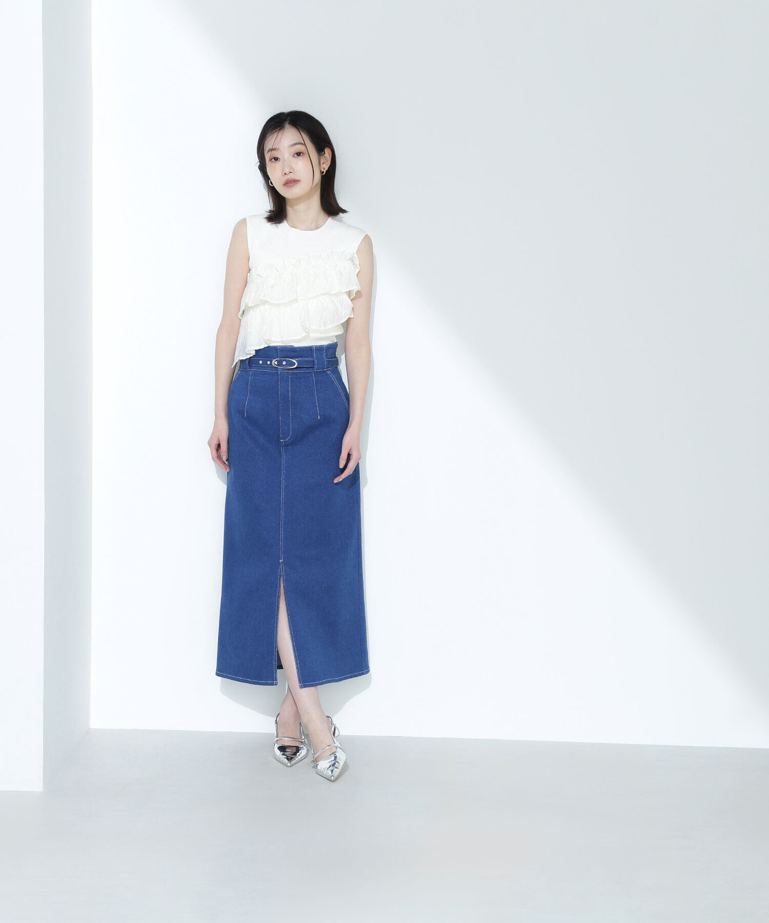  「ベルテッドデニムスカート」|スカート|ブルー