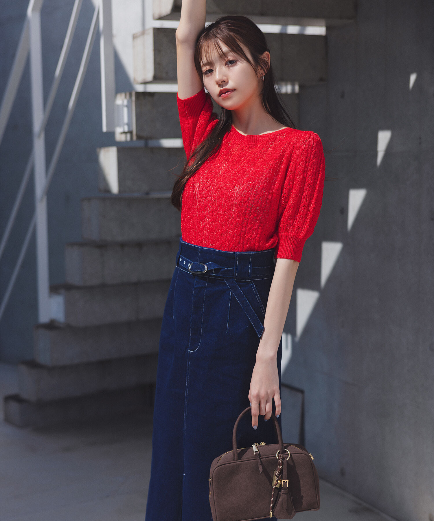  「ベルテッドデニムスカート」|スカート|ネイビー