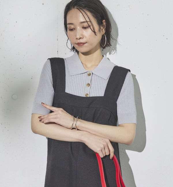 Doux archives「ワイドリブ５分袖ポロニット」|ニット・セーター|SILVER GRAY