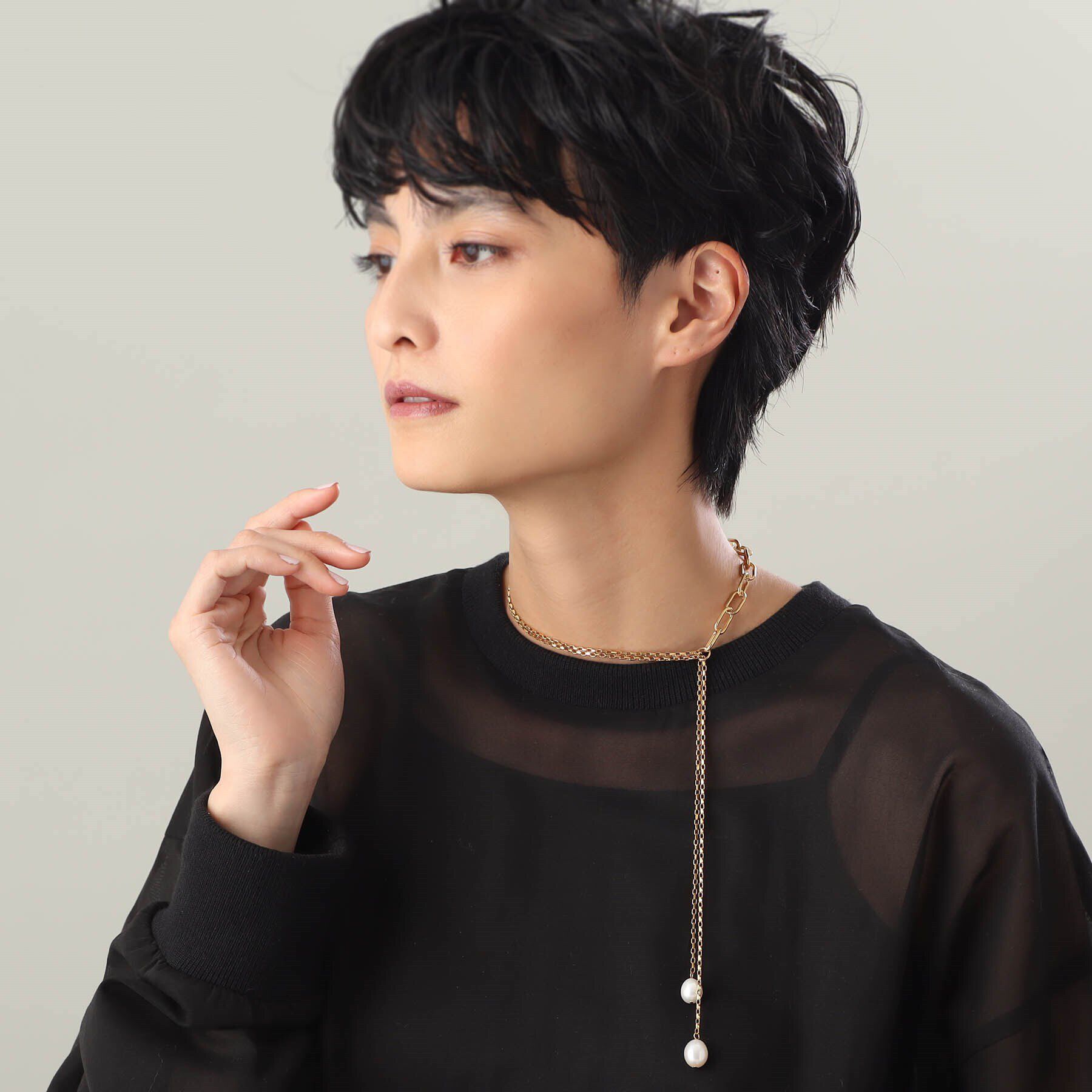 COCOSHNIK ONKITSCH「シルバー バロックパール ミックスチェーン ダブルドロップ ネックレス GP」|ネックレス|