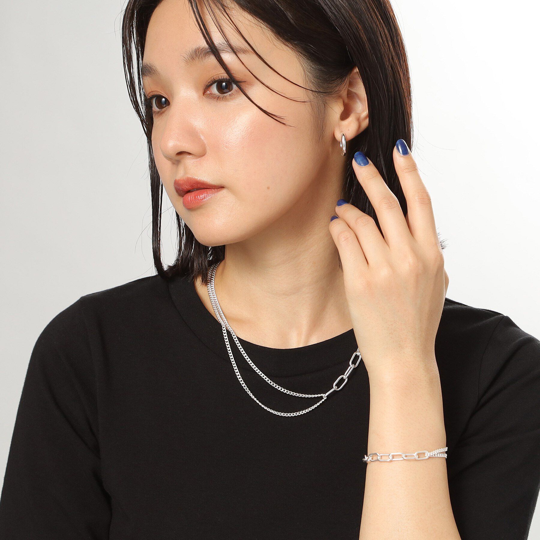 COCOSHNIK ONKITSCH「シルバー ミックスチェーン ケーブルカーブ ドレープ ネックレス」|ネックレス|