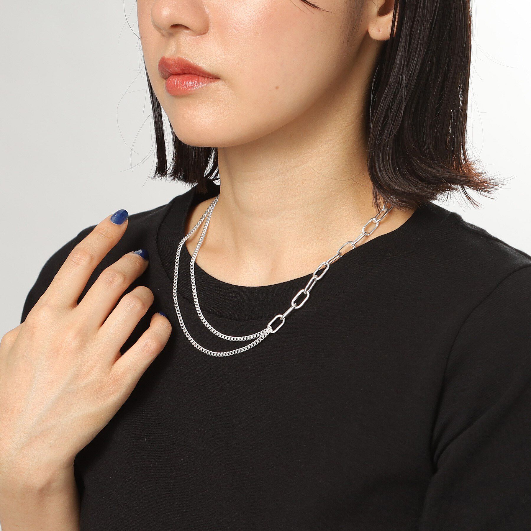 COCOSHNIK ONKITSCH「シルバー ミックスチェーン ケーブルカーブ ドレープ ネックレス」|ネックレス|