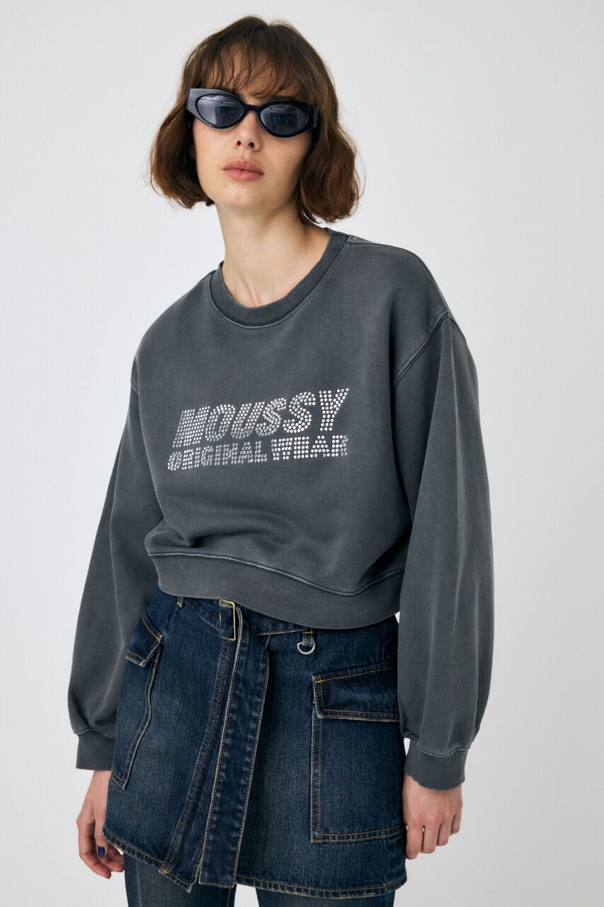 MOUSSY「RHINESTONE MOUSSY クロップド プルオーバー」|パーカー|L/BLK1