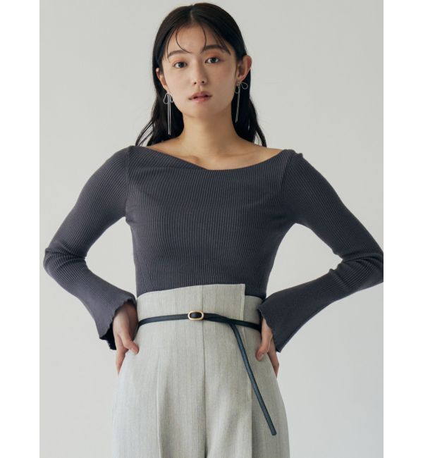 LAGUNAMOON「アシンメトリードレープフレアスリーブニット」|ニット・セーター|チャコールグレー