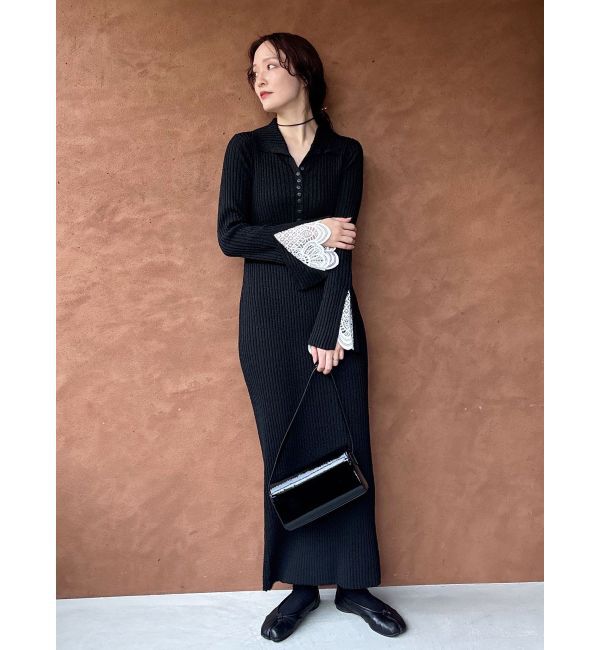 WEB限定カラーあり】レーススリーブネップリブニットワンピース