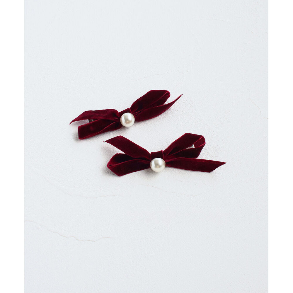 BACKYARD FAMILY「Rora ヘアクリップ キッズ 2個セット 通販 マロン リボン ミニ パール ベロア」|その他|レッド1