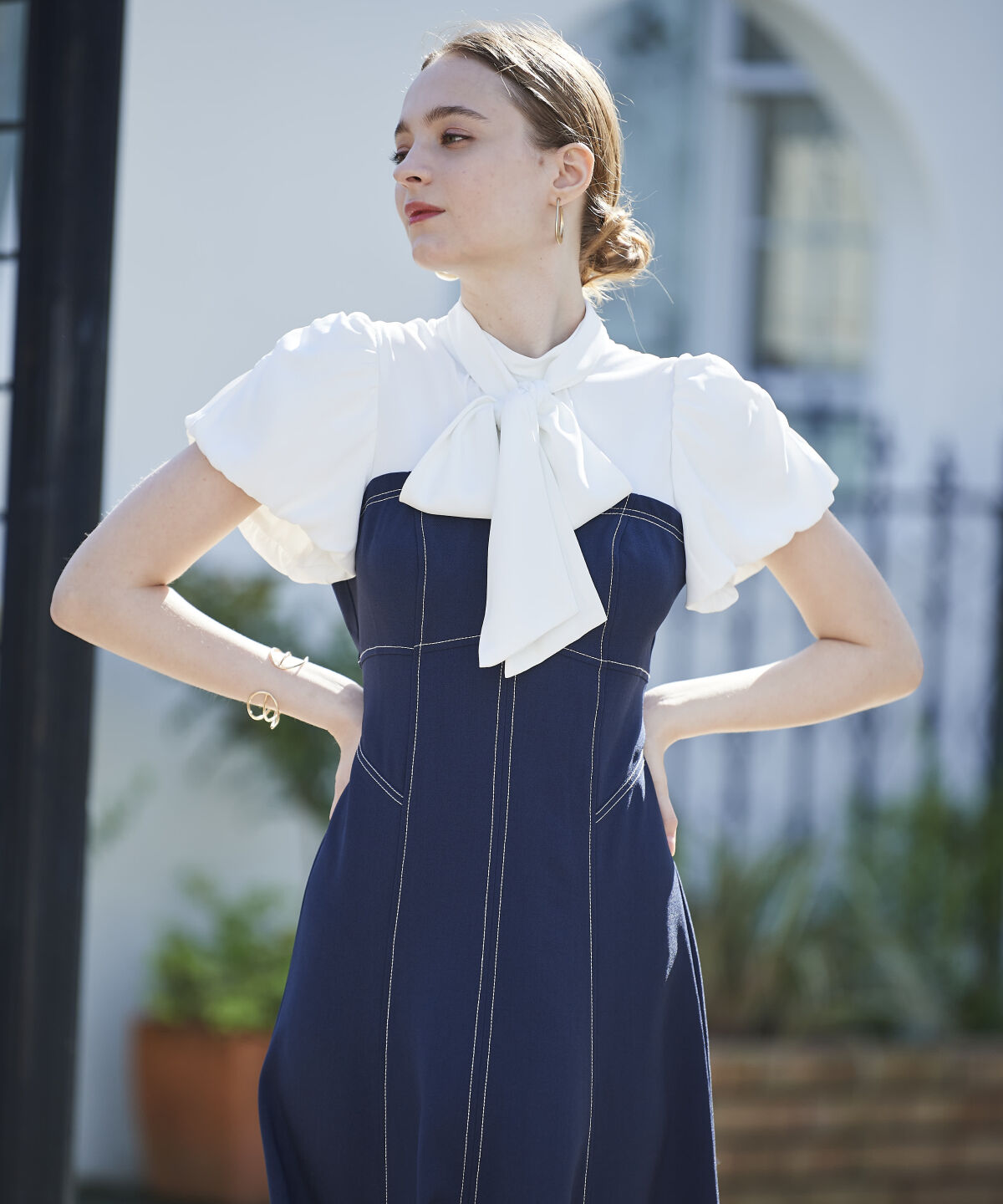 アンドクチュール「ヨーク切替バルーンスリーブシャツワンピース」|ワンピース|