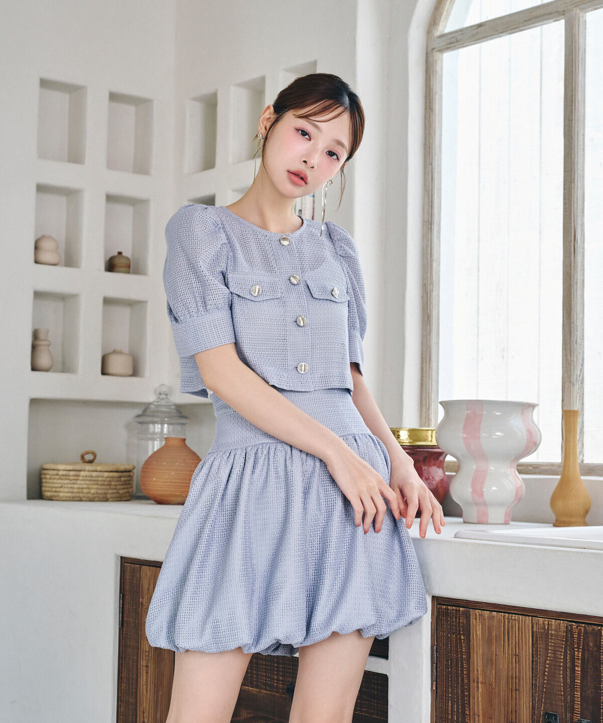 REDYAZEL「メッシュレースショートシャツ&times;バルーンスカートセットアップ」|ワンピース|ブルー