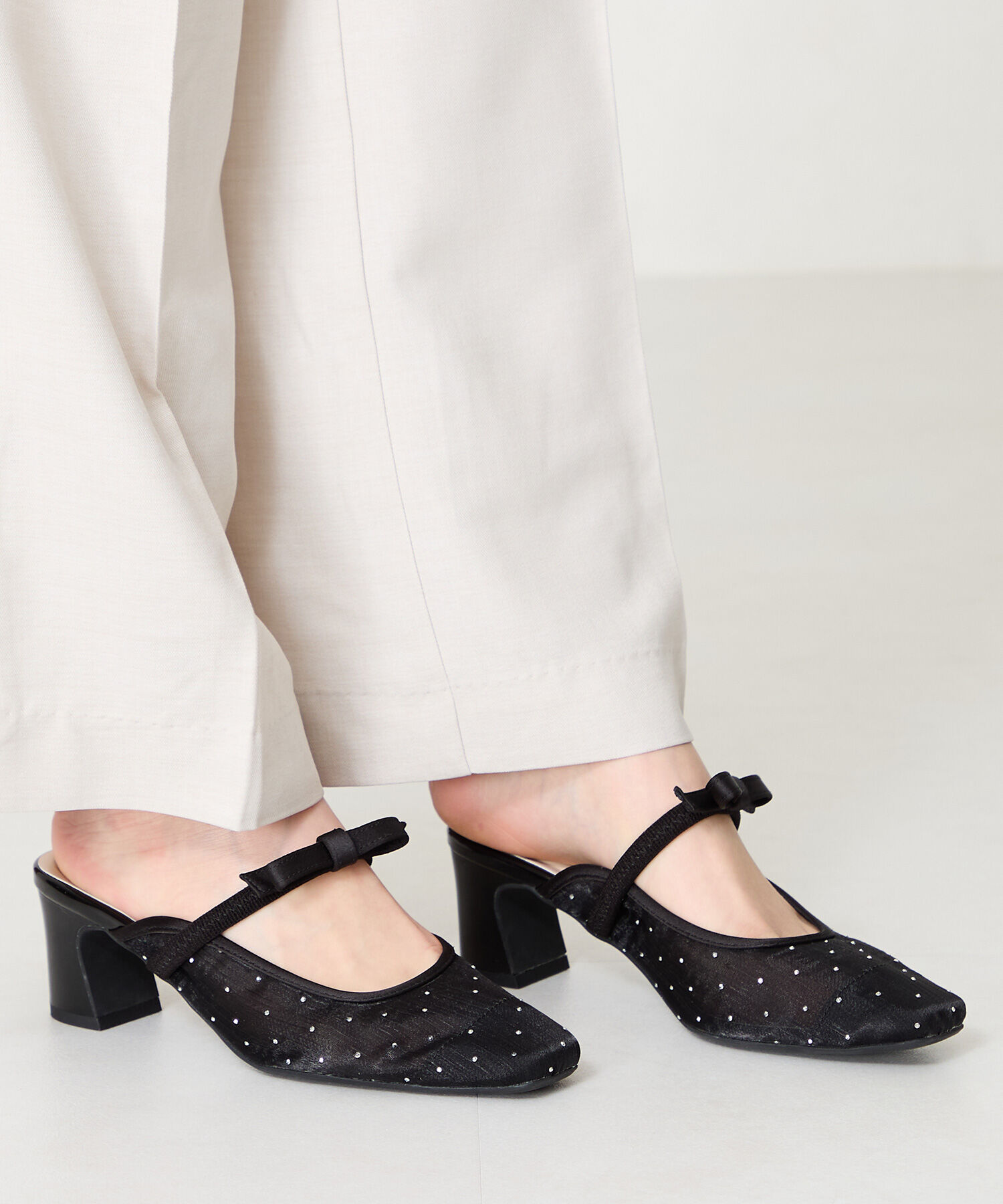 ORiental TRaffic「リボン ベル トラインストーン シアー ミュール /51124 ゴムベルト パンプス」|サンダル|BLACK