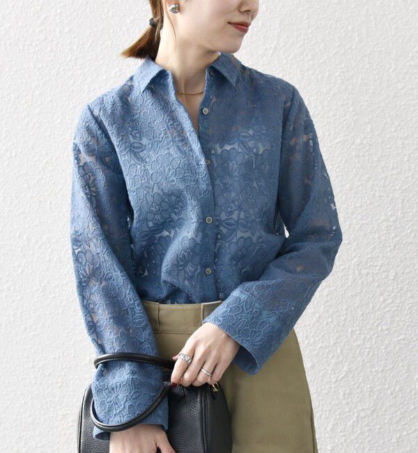 SHIPS any「SHIPS any:〈手洗い可能〉フラワーレース エンブロイダリー シアー シャツ」|シャツ・ブラウス|ブルー