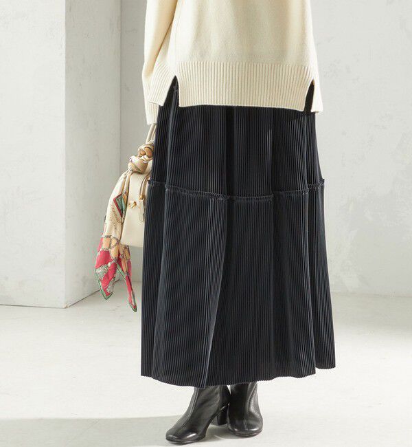 SHIPS for women「〈手洗い可能〉サテン プリーツ ティアード スカート」|スカート|ネイビー