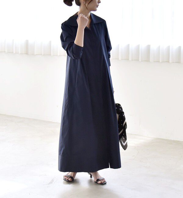 quaranciel「《予約》quaranciel:〈洗濯機可能〉ビッグカラー Aライン シャツ ワンピース」|ワンピース|ネイビー