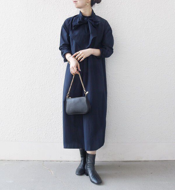 SHIPS any「《予約》SHIPS any:〈洗濯機可能〉タイプライター ボウタイ リボン シャツ ワンピース」|ワンピース|ネイビー