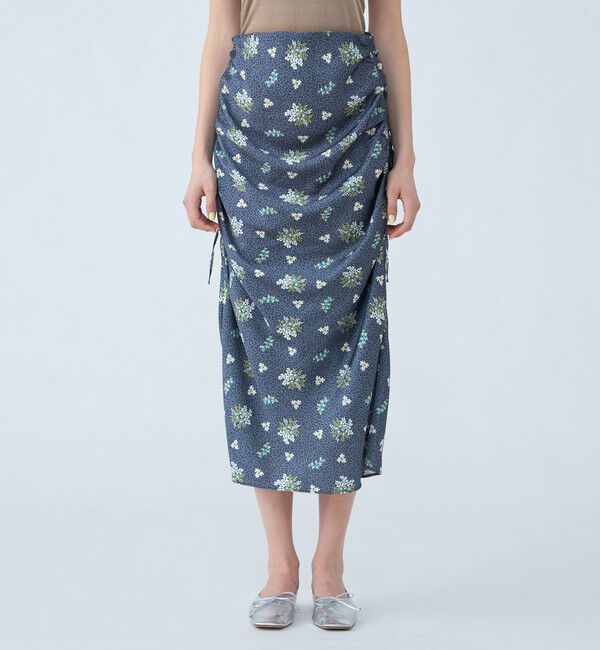 SOULEIADO「ポリエステルサテンプリント サイドシャーリングスカート」|タイト|