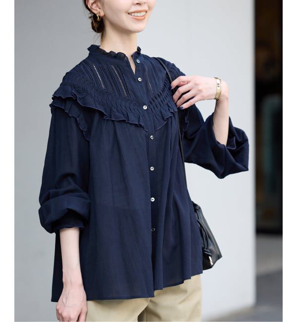 SLOBE IENA「《WEB限定/追加2》フリルピンタックブラウス」|シャツ・ブラウス|ネイビー