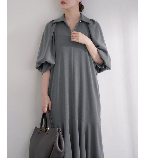 IENA「《予約》&NAVY メランジツイルギャザーワンピース」|ワンピース|