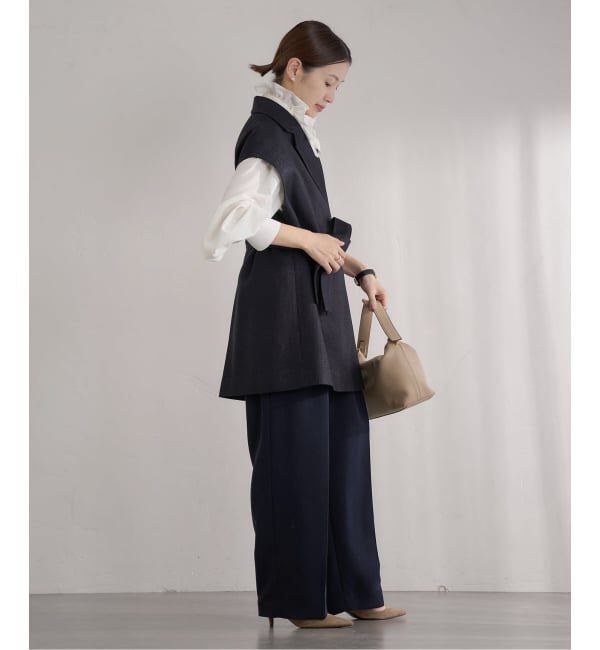 IENA「《予約》&NAVY 撥水ジョーゼットサイドゴムタックパンツ」|スラックス|