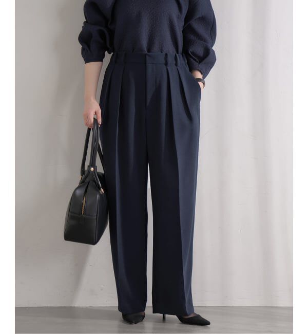 IENA「《予約》&NAVY 撥水ジョーゼットサイドゴムタックパンツ」|スラックス|