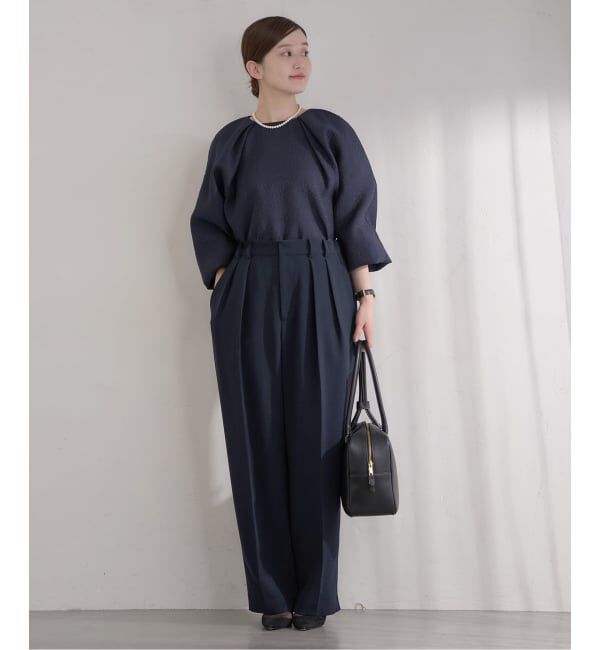 IENA「《予約》&NAVY 撥水ジョーゼットサイドゴムタックパンツ」|スラックス|