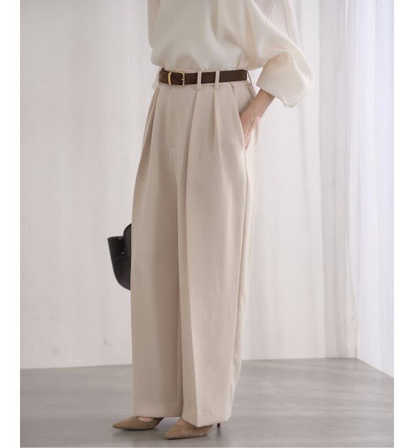 IENA「《予約》&NAVY 撥水ジョーゼットサイドゴムタックパンツ」|スラックス|