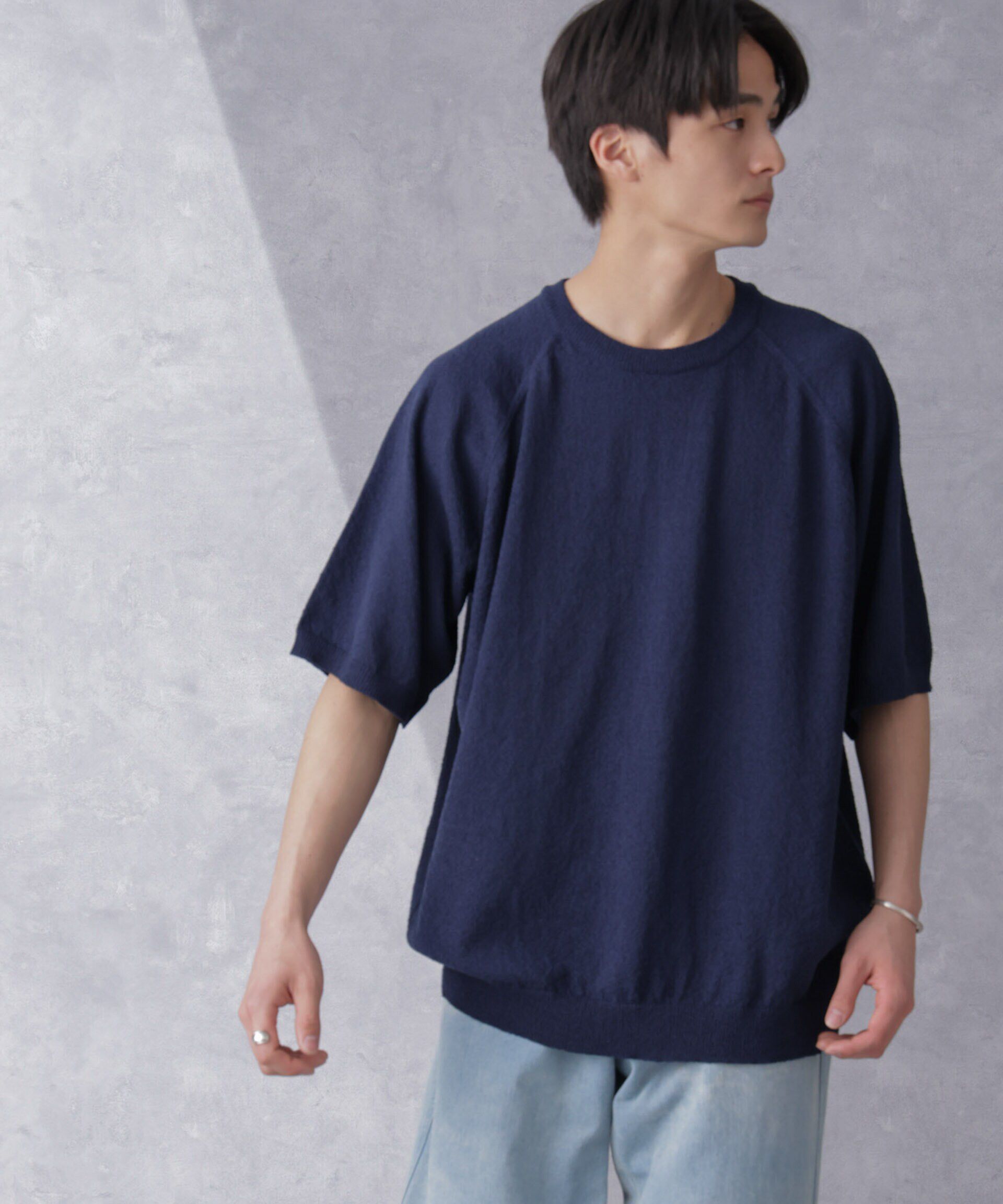 nano･universe「リラックスブークレプルオーバー　半袖」|ニット・セーター|ネイビー