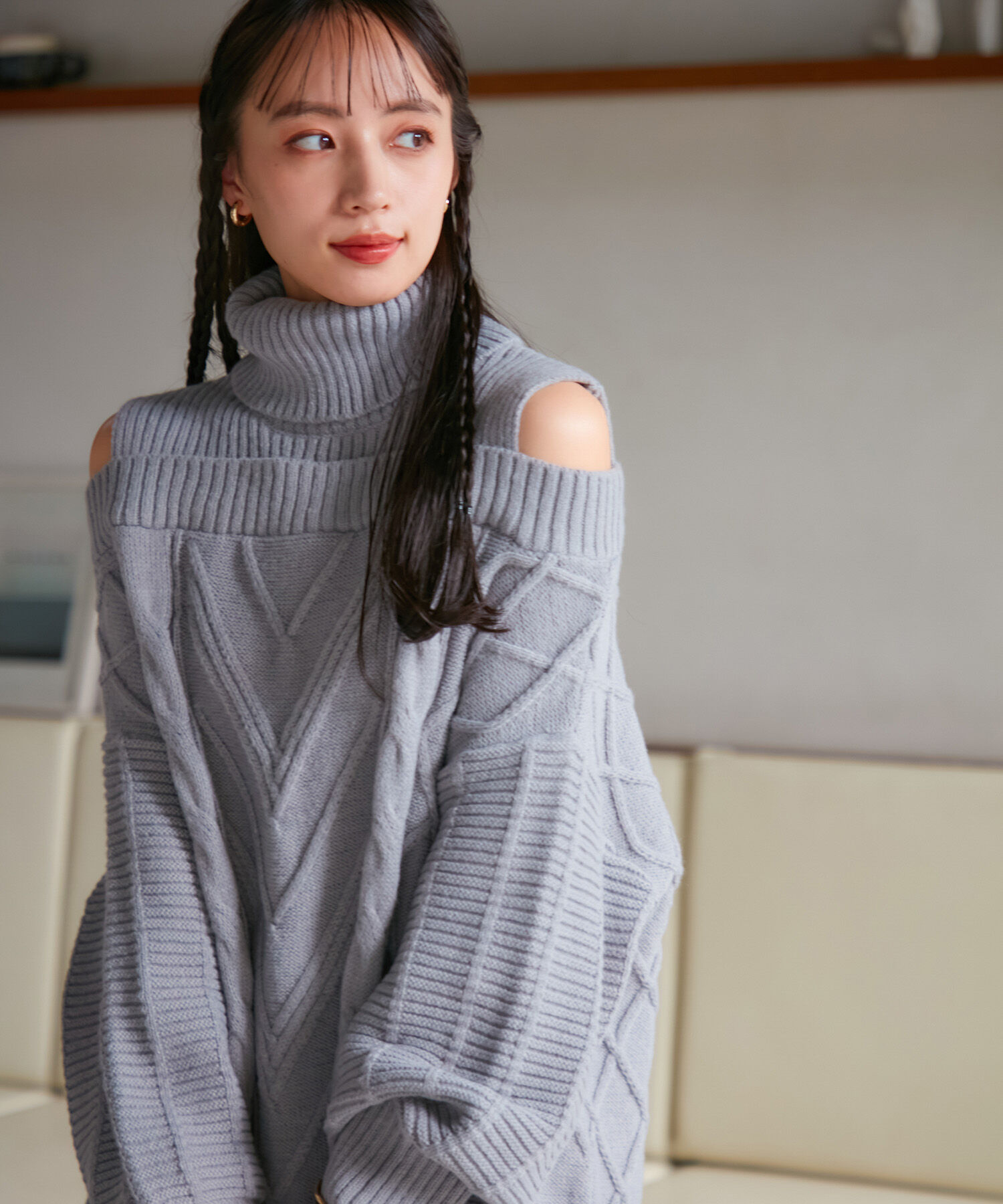 VIS「【洗える】オフショルケーブル編みワンピース」|ワンピース|