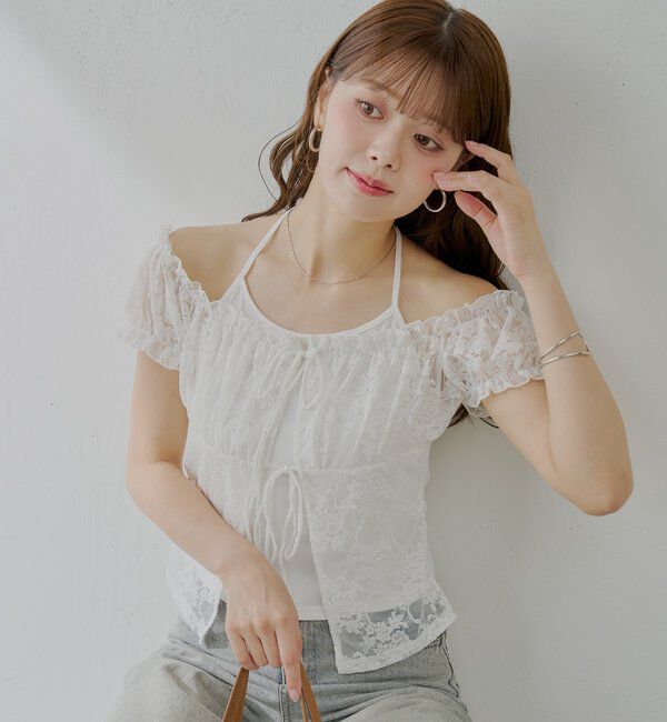  「フロントリボンレイヤードレーストップス」|Tシャツ・カットソー|