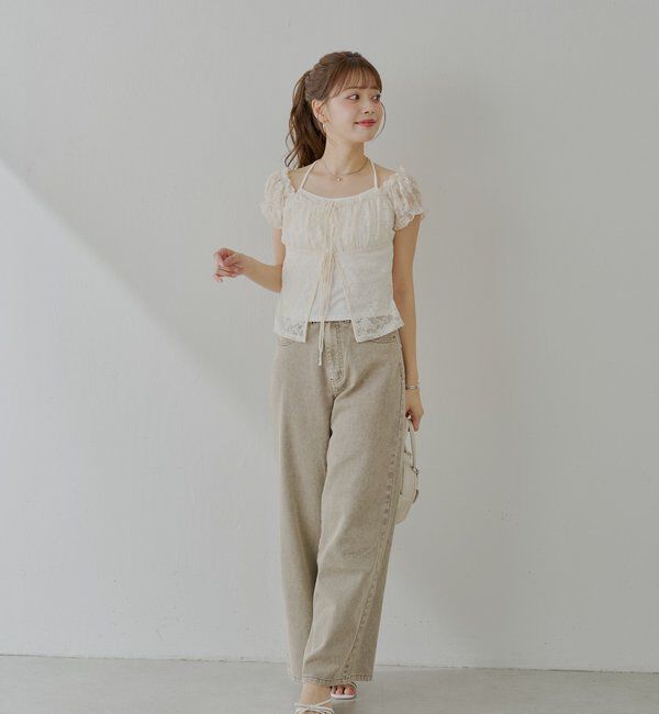  「フロントリボンレイヤードレーストップス」|Tシャツ・カットソー|