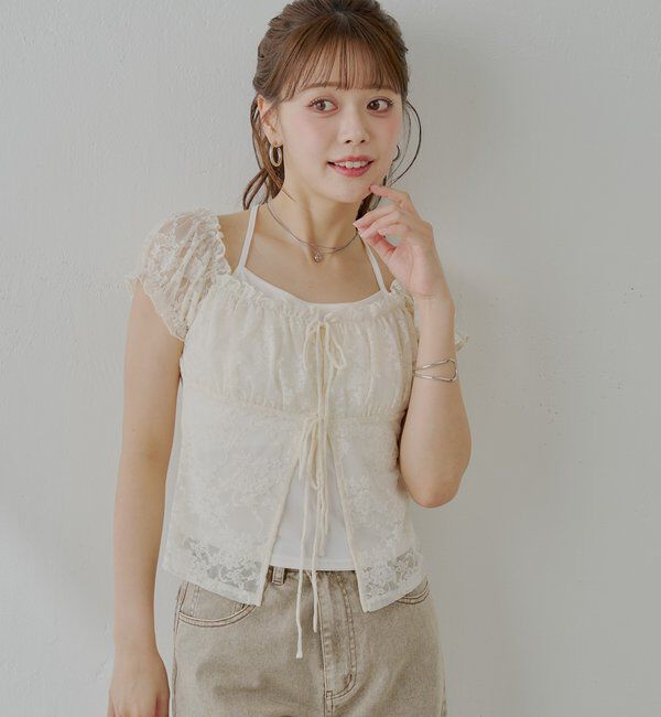  「フロントリボンレイヤードレーストップス」|Tシャツ・カットソー|