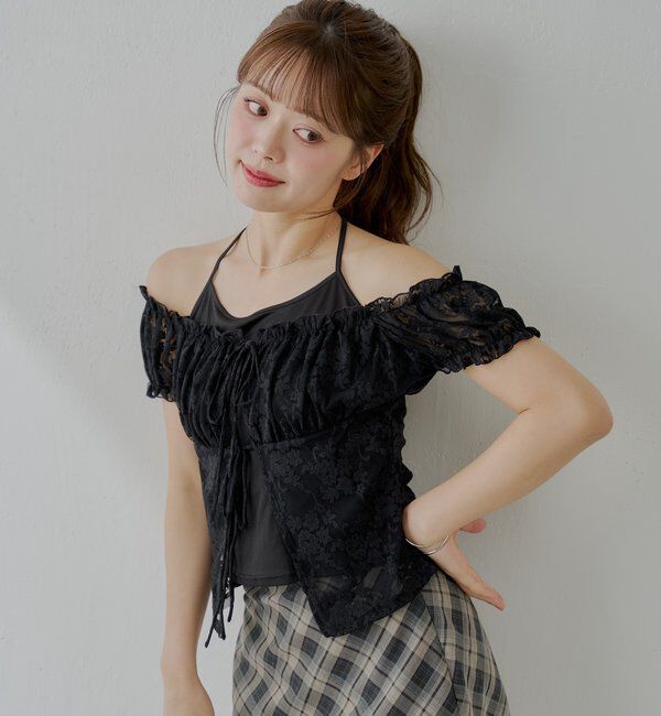  「フロントリボンレイヤードレーストップス」|Tシャツ・カットソー|