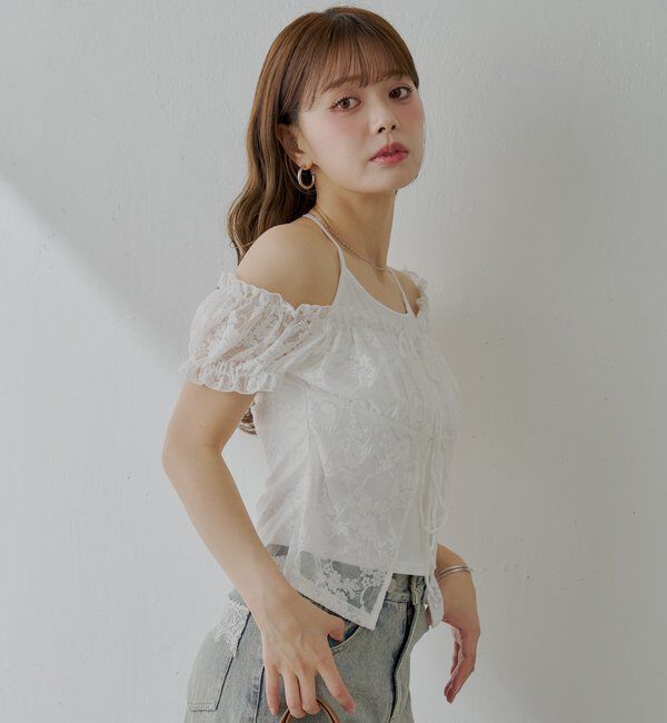  「フロントリボンレイヤードレーストップス」|Tシャツ・カットソー|