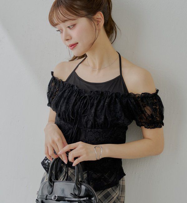  「フロントリボンレイヤードレーストップス」|Tシャツ・カットソー|ブラック