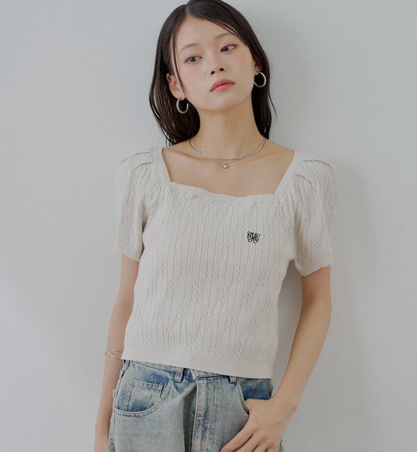  「ケーブルスクエア半袖ニット」|ニット・セーター|