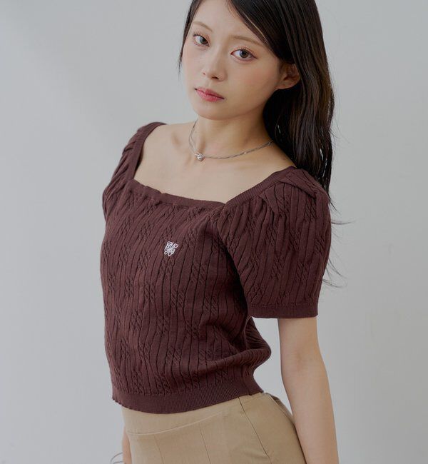  「ケーブルスクエア半袖ニット」|ニット・セーター|