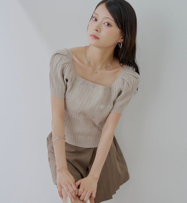  「ケーブルスクエア半袖ニット」|ニット・セーター|ベージュ