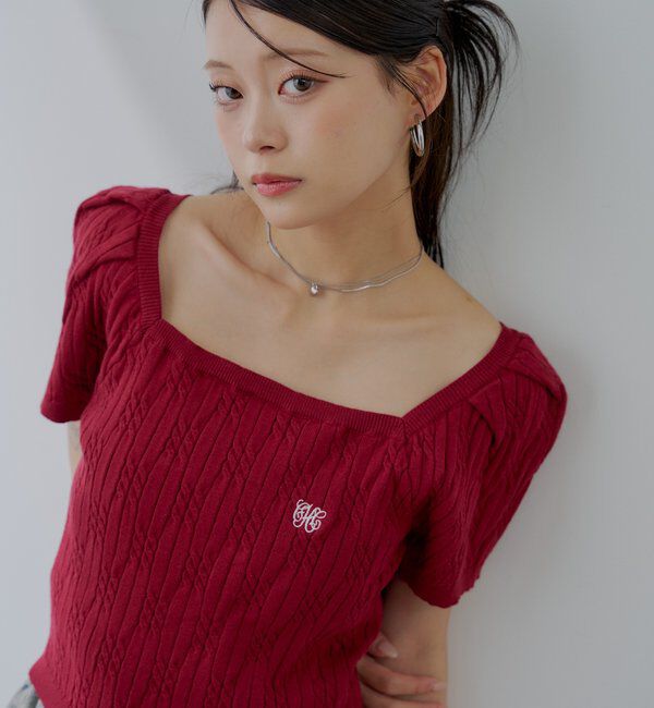  「ケーブルスクエア半袖ニット」|ニット・セーター|レッド