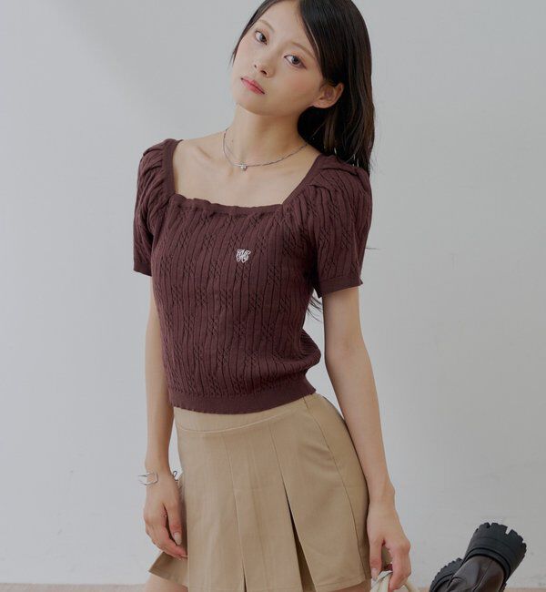  「ケーブルスクエア半袖ニット」|ニット・セーター|ブラウン