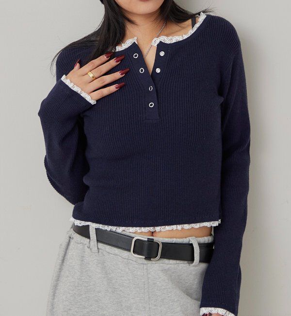  「レースレイヤードヘンリーニット」|ニット・セーター|