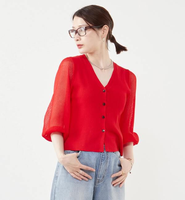 SOFFITTO「異素材ドッキングカーディガン」|カーディガン|レッド