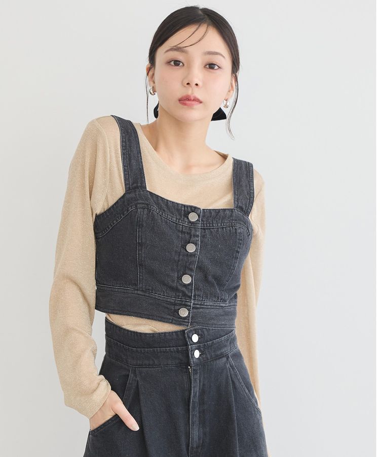 earth music&ecology「フロントボタンデニムビスチェ」|ベスト・ジレ|Black